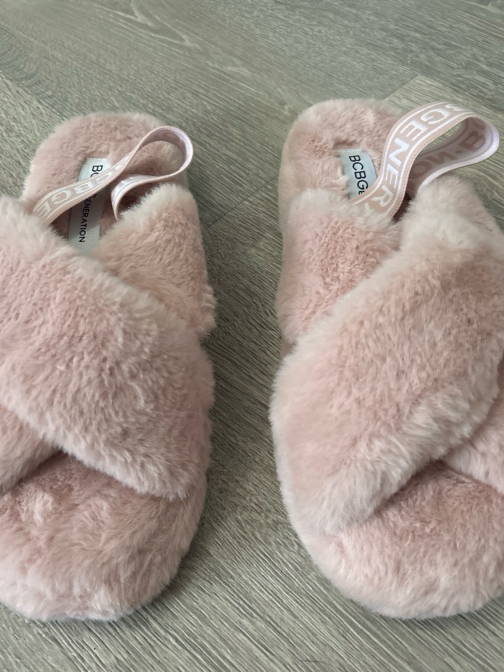 BCBG Soft Pink Faux Fur Crisscross Women’s  Slippers